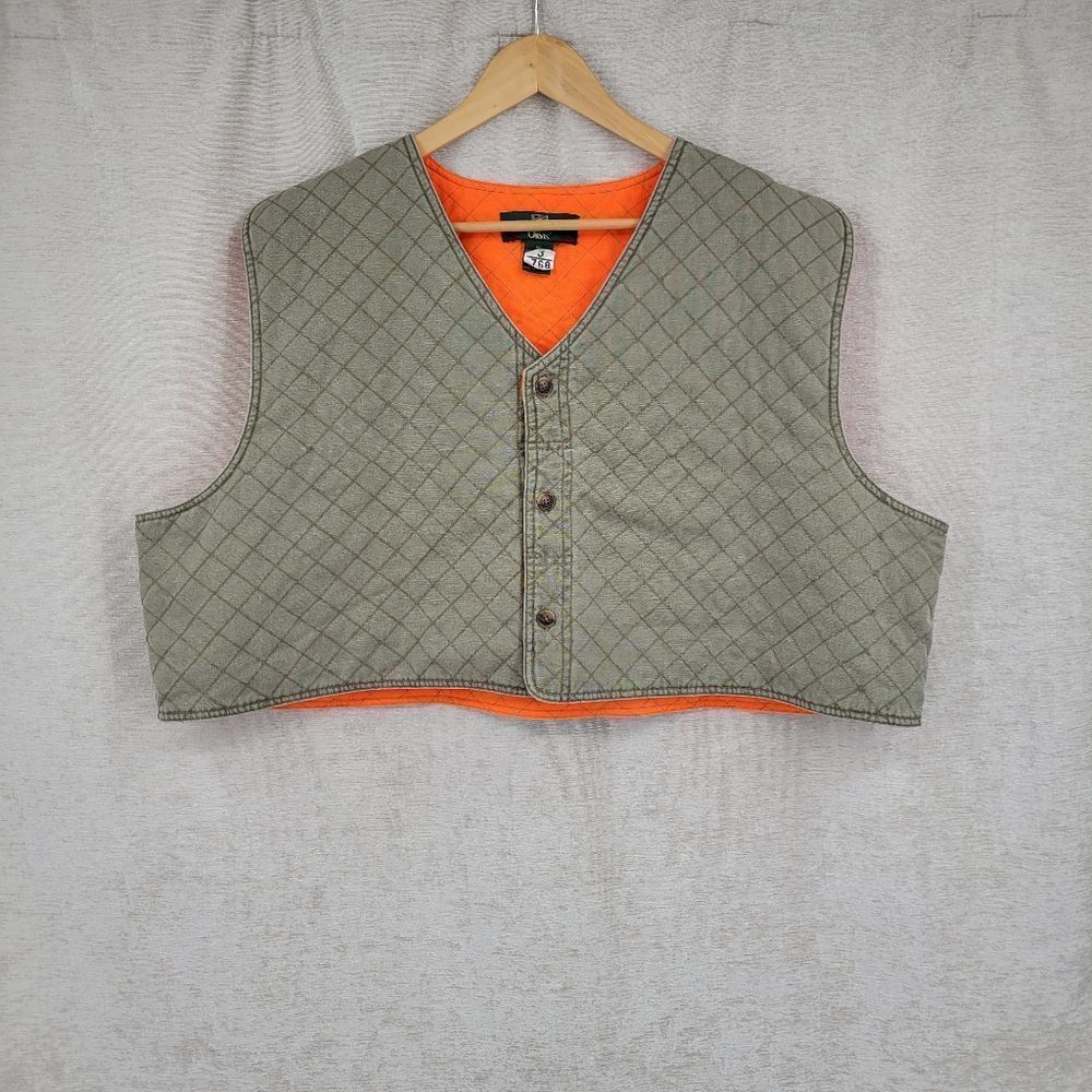 Orvis Vintage Reversible Sage Green and Orange Quilted Cropped Vest Hunters